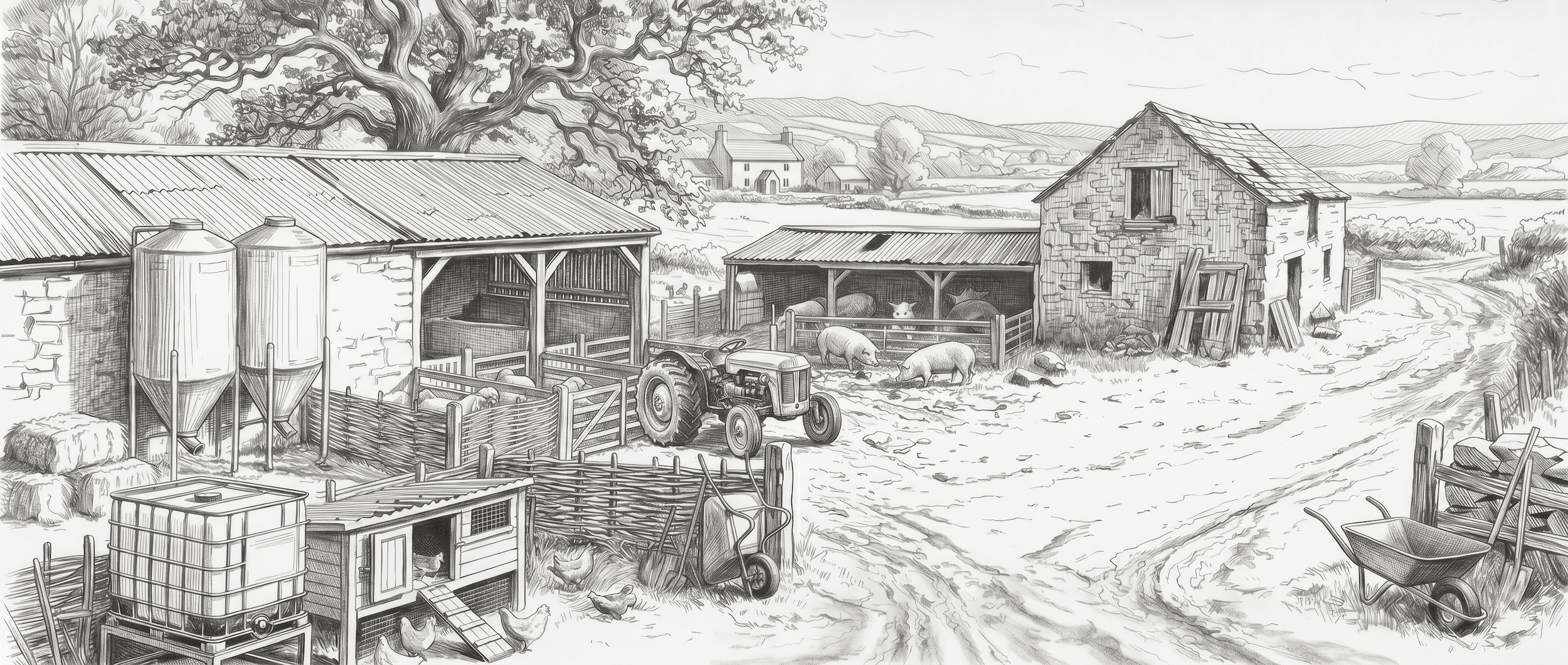 A working farm yard sketch — IBC tank, chicken coop, two feed silos and a tractor in the foreground; pig pen, stone farmhouse and open path to the right.