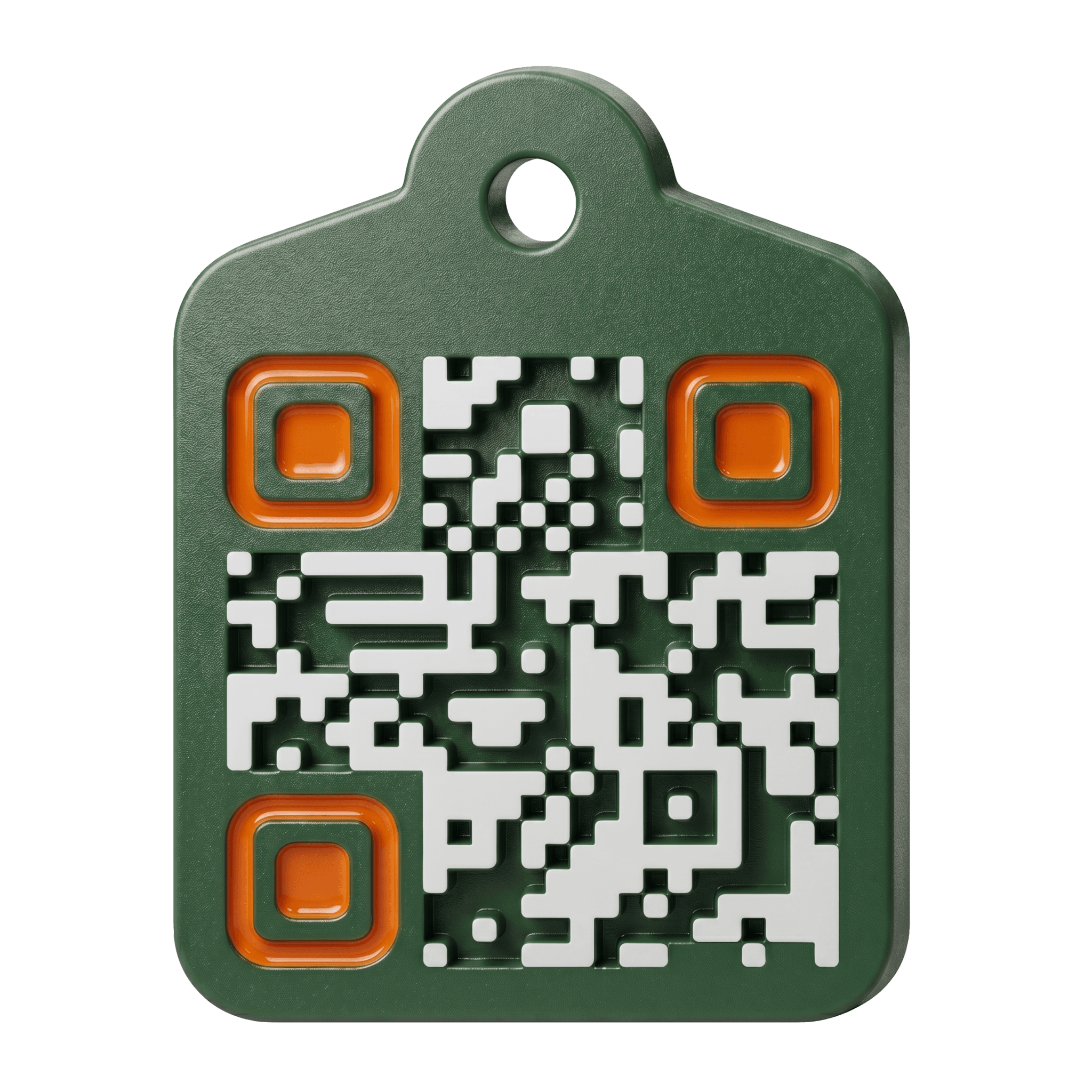 The AgTag rugged tag — a forest-green moulded plastic tag with three orange QR finder corners and a unique QR pattern stamped into the front.